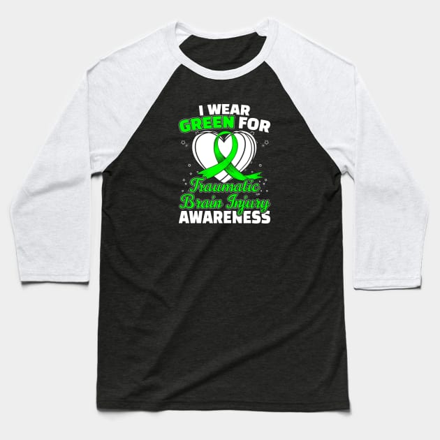 TBI Traumatic Brain Injury Awareness Green Ribbon Baseball T-Shirt by stockwell315designs